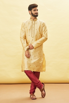 Fawn embroidered art silk kurta-pajama