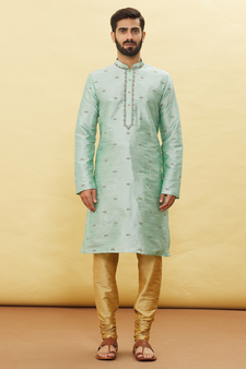 Turquoise embroidered art silk kurta-pajama