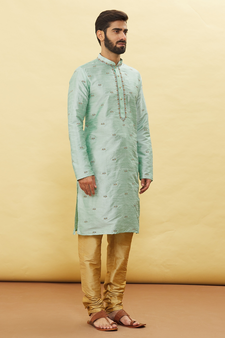 Turquoise embroidered art silk kurta-pajama