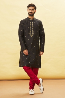 Black embroidered art silk kurta-pajama