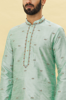 Turquoise embroidered art silk kurta-pajama