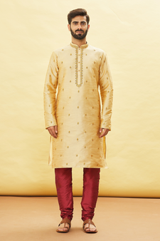 Fawn embroidered art silk kurta-pajama