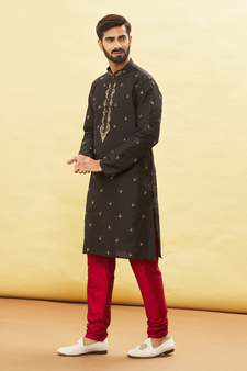 Black embroidered art silk kurta-pajama