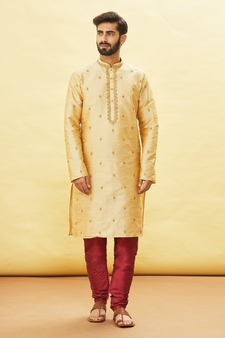 Fawn embroidered art silk kurta-pajama