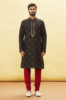 Black embroidered art silk kurta-pajama