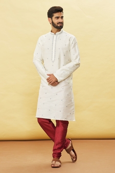 White embroidered art silk kurta-pajama