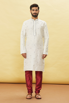 White embroidered art silk kurta-pajama