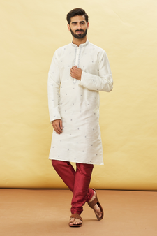 White embroidered art silk kurta-pajama
