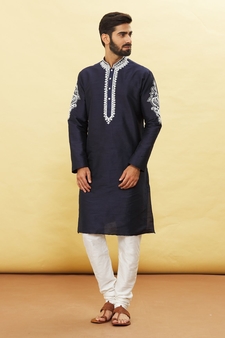 Blue embroidered art silk kurta-pajama