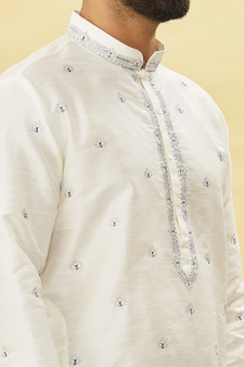 White embroidered art silk kurta-pajama