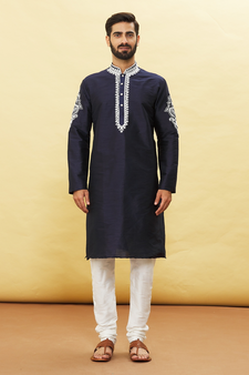 Blue embroidered art silk kurta-pajama