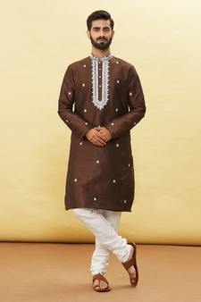 Brown embroidered art silk kurta-pajama