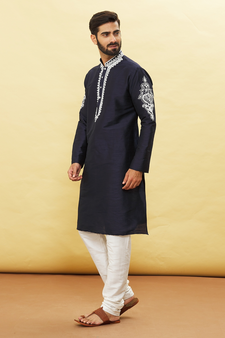 Blue embroidered art silk kurta-pajama