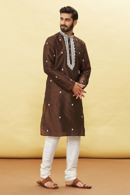 Brown embroidered art silk kurta-pajama 2