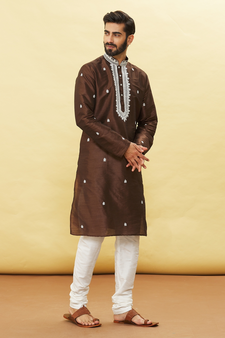Brown embroidered art silk kurta-pajama
