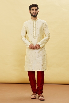 Fawn embroidered art silk kurta-pajama