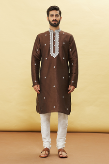 Brown embroidered art silk kurta-pajama