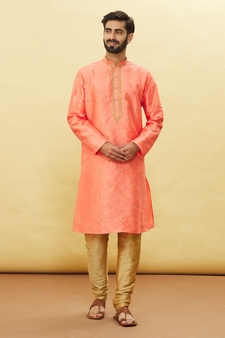 orange embroidered art silk kurta-pajama