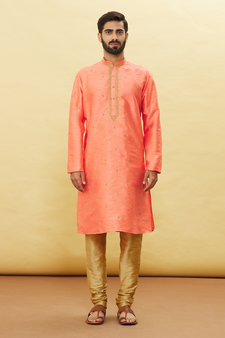 orange embroidered art silk kurta-pajama
