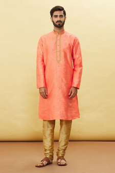 orange embroidered art silk kurta-pajama