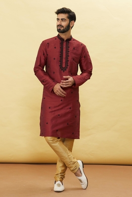 Maroon embroidered art silk kurta-pajama 1
