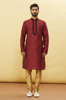 Maroon embroidered art silk kurta-pajama