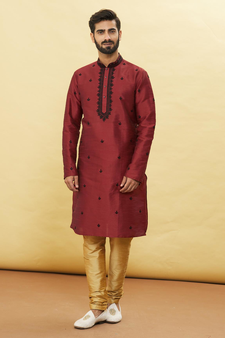 Maroon embroidered art silk kurta-pajama