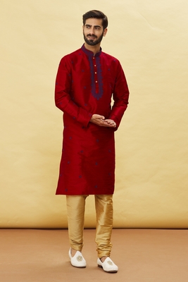 Maroon embroidered art silk kurta-pajama 1