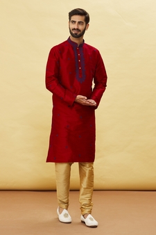Maroon embroidered art silk kurta-pajama