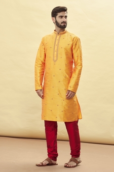 Orange embroidered art silk kurta-pajama