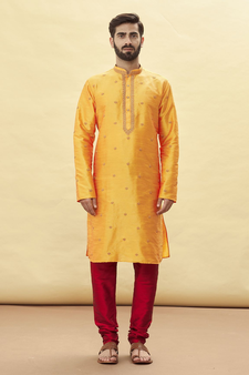 Orange embroidered art silk kurta-pajama