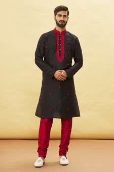 Black embroidered art silk kurta-pajama