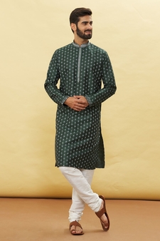 Green printed art silk kurta-pajama