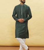 Green printed art silk kurta-pajama