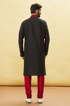 Black embroidered art silk kurta-pajama