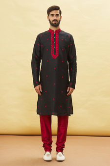 Black embroidered art silk kurta-pajama