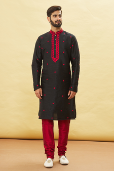 Black embroidered art silk kurta-pajama