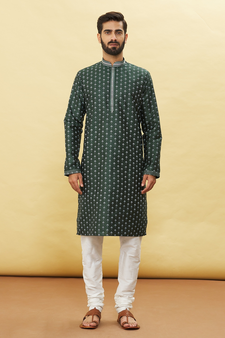 Green printed art silk kurta-pajama