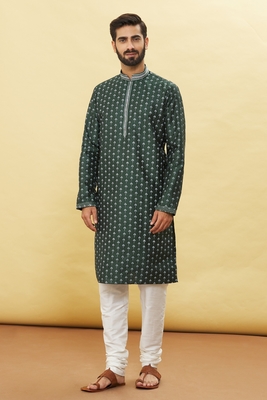 Green printed art silk kurta-pajama 4