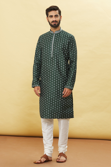 Green printed art silk kurta-pajama