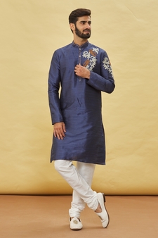 Blue embroidered art silk kurta-pajama