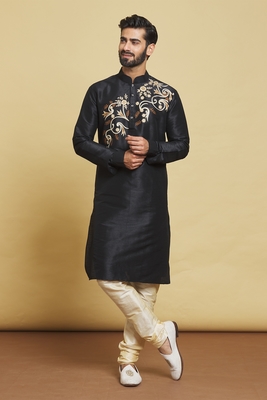 Black embroidered art silk kurta-pajama 1