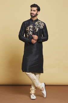 Black embroidered art silk kurta-pajama