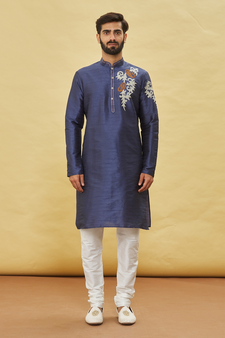 Blue embroidered art silk kurta-pajama
