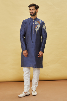 Blue embroidered art silk kurta-pajama