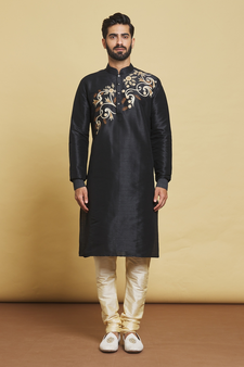 Black embroidered art silk kurta-pajama