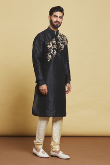 Black embroidered art silk kurta-pajama