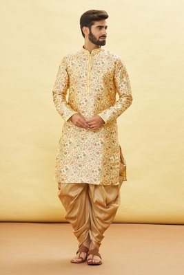 Fawn printed brocade silk dhoti-kurta 1