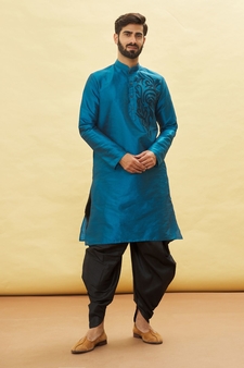 Blue embroidered art silk dhoti-kurta