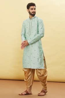 Turquoise embroidered art silk dhoti-kurta